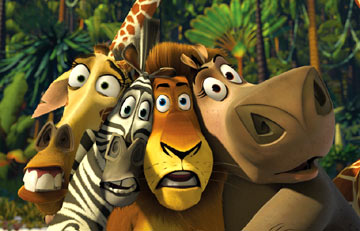 Melman the Giraffe (voice of David Schwimmer), Marty the Zebra (voice of Chris Rock), Alex the Lion (voice of Ben Stiller) and Gloria the Hippo (voice of Jada Pinkett-Smith) in Dreamworks' Madagascar - 2005   
